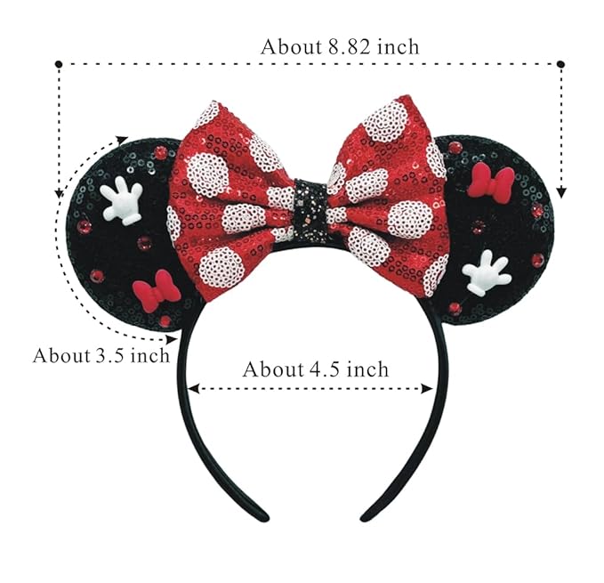 WW-WONDERFULWORLD Shiny Mouse Ears Headbands With Sequin Polka Dot Bow & Diamond, Black and Red, Glitter Party Costume Accessory, Park Cosplay