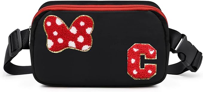Chenille Initial Letter Bow Mouse Fanny Pack, Waterproof Park Crossbody Bag Christmas Birthday Gifts for Teen Girls Daughter Women Kids Adults, Cute Belt Bag Must Haves for Park Travel (C, Black)