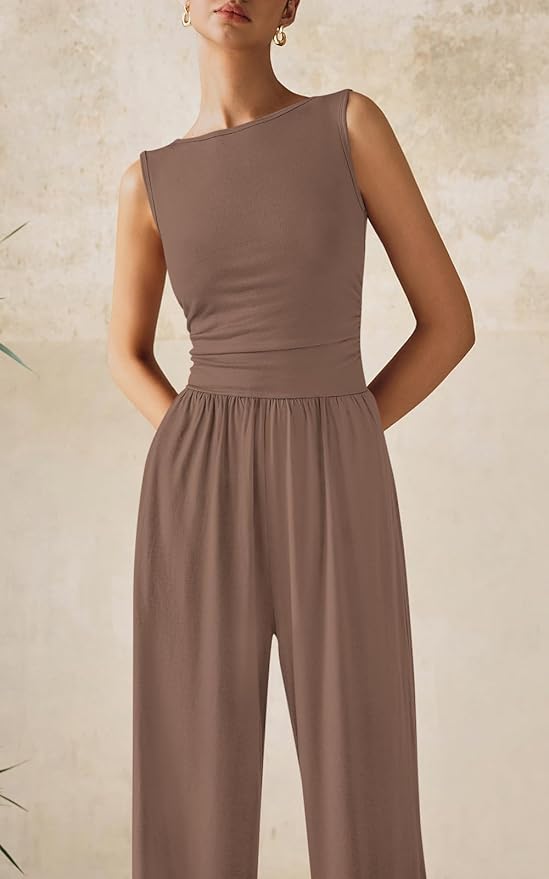 PRETTYGARDEN One Piece Jumpsuits for Women Dressy Casual Sleeveless Crewneck Wide Leg Rompers Jumpers Vacation Summer Outfits