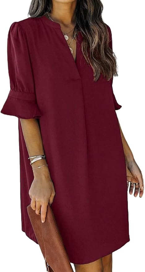 QACOHU Summer Dresses for Women V Neck Ruffle Short Sleeve Casual Shift Dress
