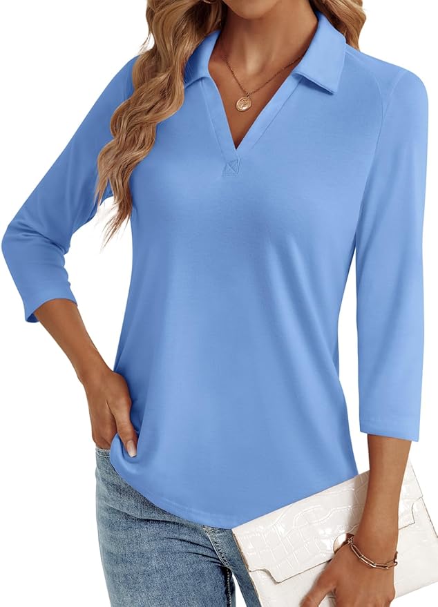 3/4 Length Sleeve Womens Tops Dressy Casual V Neck Polo Shirts Business Work Blouses 2025 Trendy Tunic Top