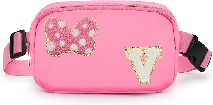 Chenille Initial Letter Bow Mouse Fanny Pack, Waterproof Park Crossbody Bag Christmas Birthday Gifts for Teen Girls Daughter Women Kids Adults, Cute Belt Bag Must Haves for Park Travel (V, Pink)