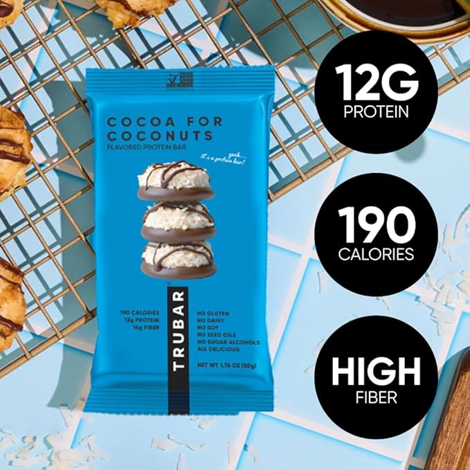 TRUBAR Vegan Protein Bar, Cocoa For Coconuts, Gluten Free, Plant Based Protein, Dairy Free, Non GMO, Soy Free, No Sugar Alcohols, 12G Protein, 12G Fiber, 23G Carb, On the Go Snack Bars, 12ct