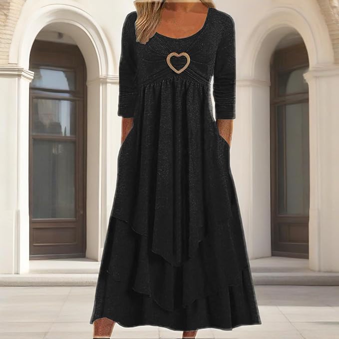 Winter Dresses for Women Wedding Guests Casual Cute Heart Long Sleeve Tiered Maxi Dress with Pockets Plus Size