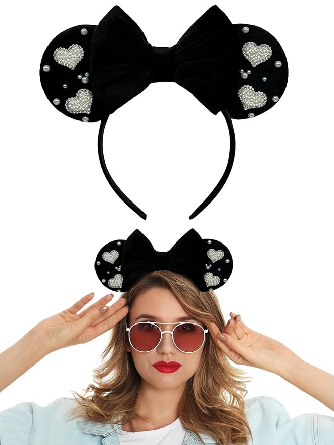 WW-WONDERFULWORLD Pearl Hearts Mouse Ears Headband, Black Velvet Bow, Rhinestone Decorations, Adjustable Valentine's Day Costume Accessory, Party Cosplay; FG8BAX