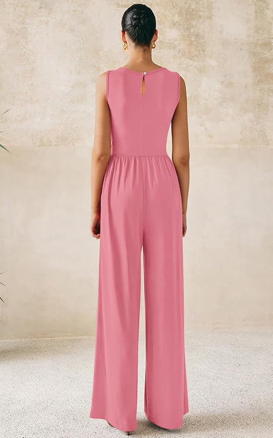 PRETTYGARDEN One Piece Jumpsuits for Women Dressy Casual Sleeveless Crewneck Wide Leg Rompers Jumpers Vacation Summer Outfits
