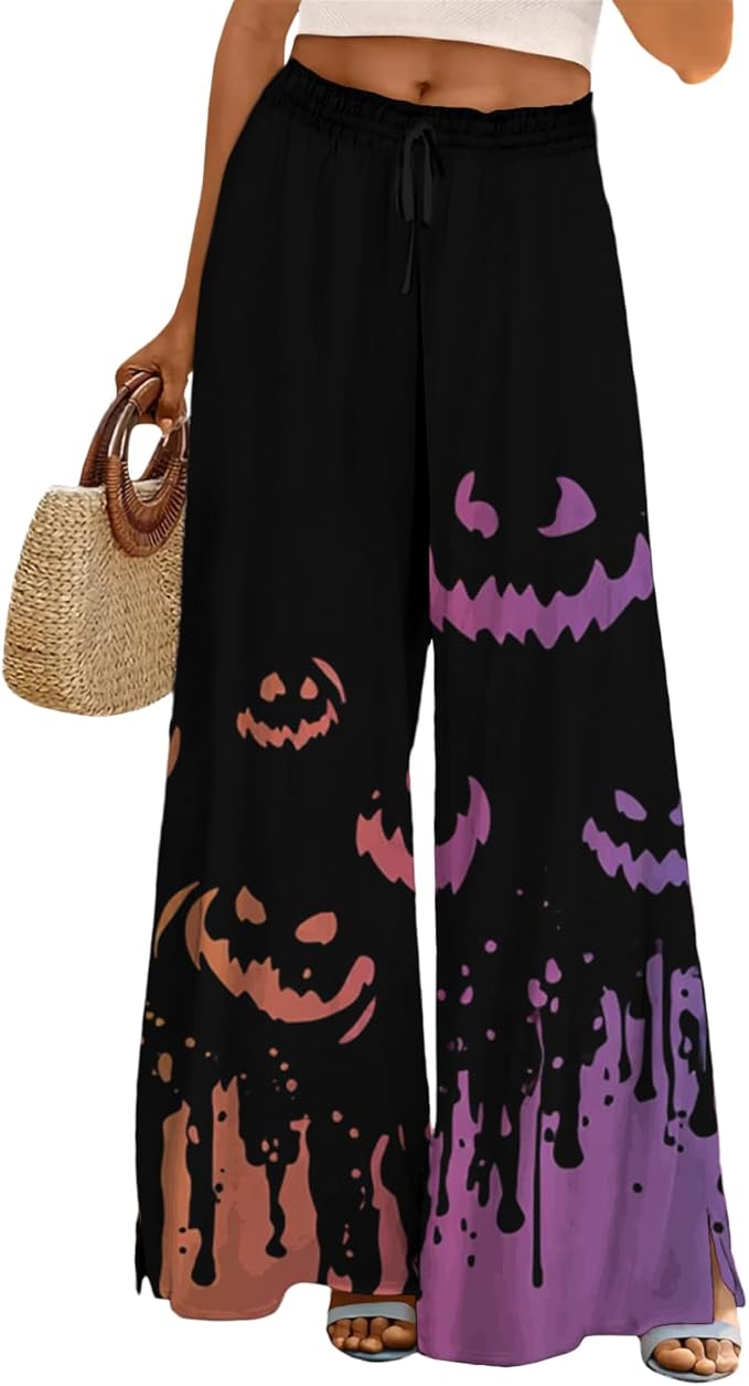 domirica Halloween Pants Women Drawstring Elastic Waist Wide Leg Pants Ladies Pumpkin Ghost Pajama Vintage Street Wear