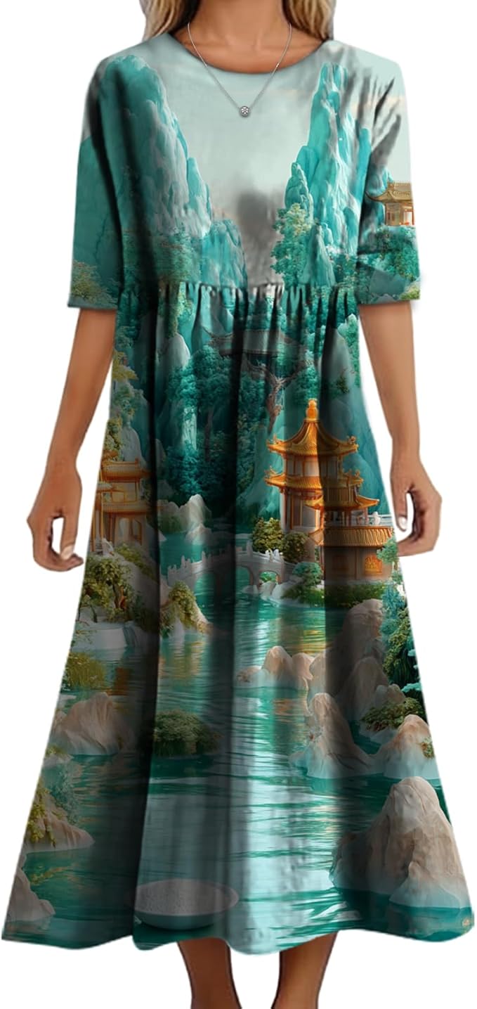 MARSVOVO Trendy Dresses for Women 2025 Classic Fairy Flowy Sundress Relaxed Fit Dress with Side Pockets
