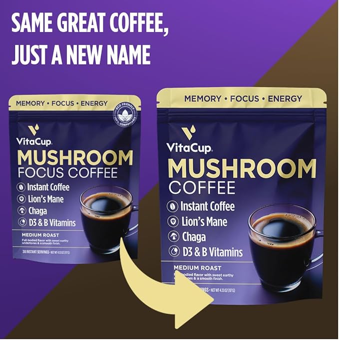 VitaCup Mushroom Instant Coffee | For Memory & Clarity Support | with Fiber, Chaga, Lion’s Mane | D3 & B Vitamins | Medium Roast 100% Arabica & Robusta Instant Coffee | 30 Servings