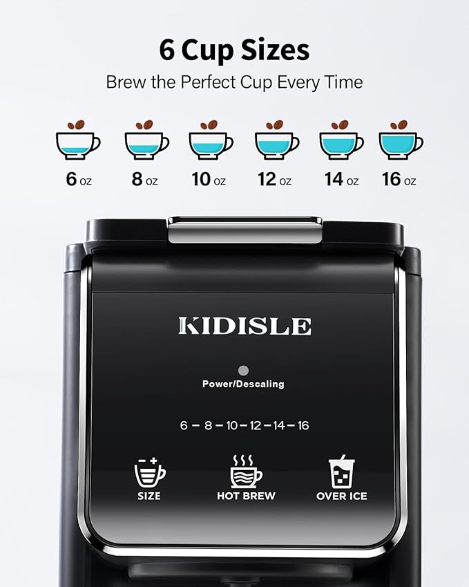 KIDISLE Hot & Iced Single Serve Coffee Maker for K Cup & Grounds, 6–16oz Brew Sizes, 40oz Water Tank, Reusable Pod Filter, Easy-to-Use, Black