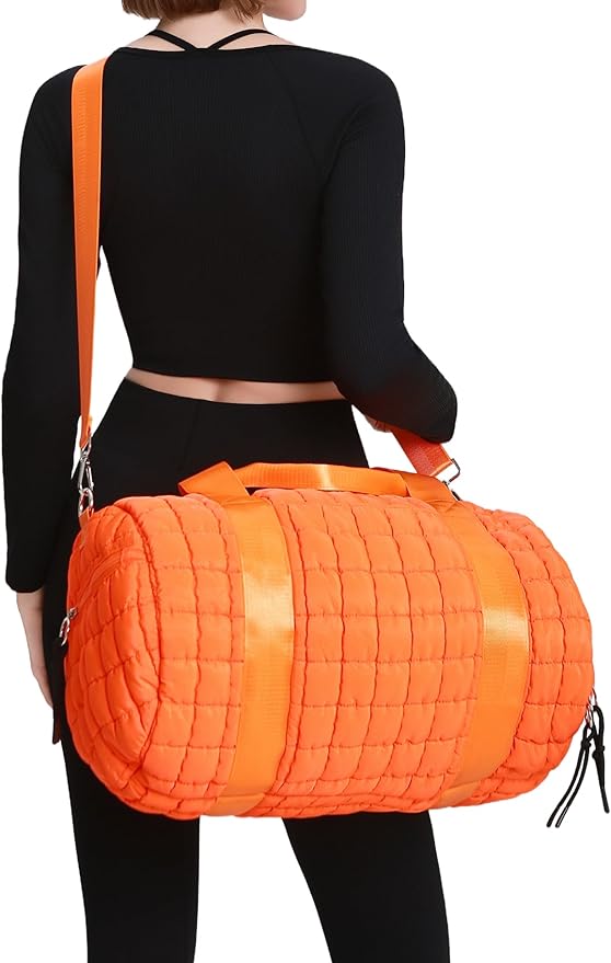 Quilted Duffel Gym Bag for Men and Women Carry On Travel Sport Weekender Bag, Orange