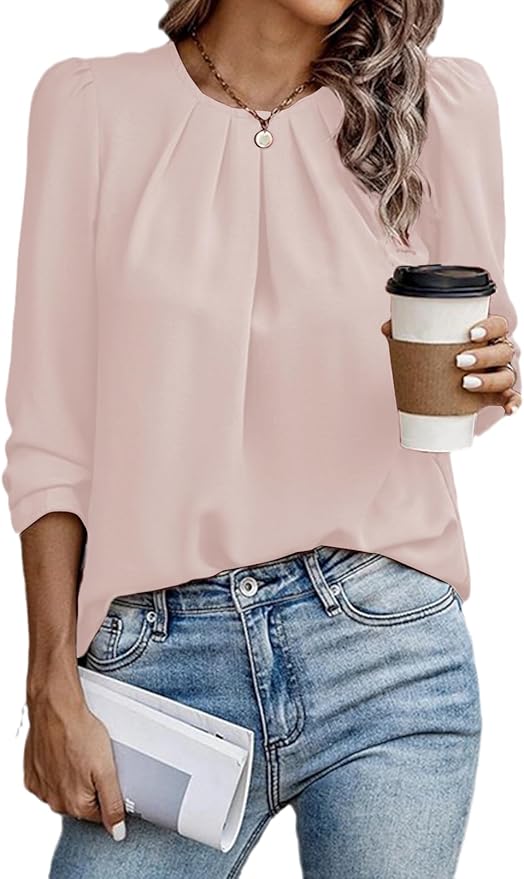 Samefar Womens Tops Dressy Casual Pleated Crew Neck Long Sleeve Shirts Office Work Chiffon Blouses