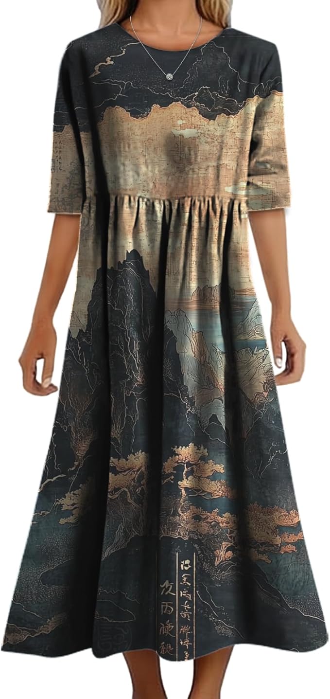 MARSVOVO Trendy Dresses for Women 2025 Classic Fairy Flowy Sundress Relaxed Fit Dress with Side Pockets
