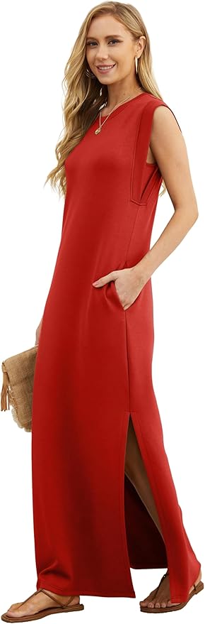 GRECERELLE 2026 Women Year-Round Casual Round Neck Loose Split Wrinkle-Free Long Maxi Vacation Dress with Pockets (XXS-4XL)