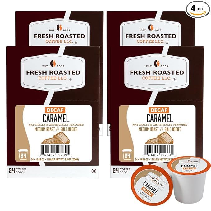 Fresh Roasted Coffee, Decaf Caramel, Flavored Coffee Pods, K-Cup Compatible, 96 Count