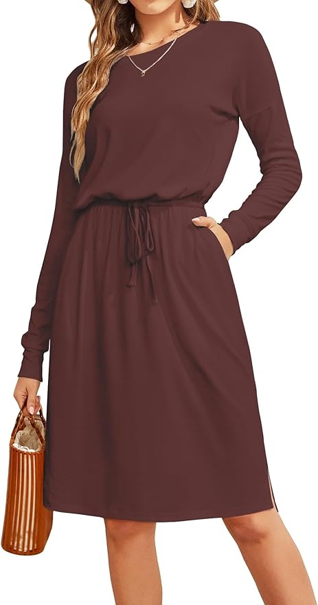 Simier Fariry Womens Spring Hide Belly Knee Length Travel Dress Pocket Summer Short Sleeve Midi Work Casual Outfits