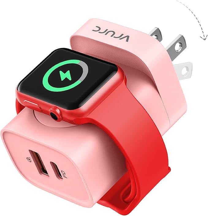 VRURC Charger for iPhone & Apple Watch, 20W USB C Fast Charging Block, 3-in-1 Compact Travel Adapter with 2 Port for iPhone 17/16/15/14/13, Wireless Magnetic for iWatch SE/11/10/9/8/7/6/5/4-Pink