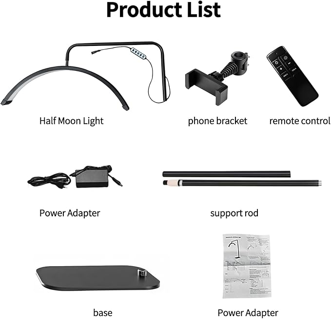 Lash Light for Eyelash Tech-Esthetician Ring Light, Half Moon Light for Led Lash Lamp Extensions, Tattoo Artists, Nail Tech - Cool, Warm Lamp with Adjustable Brightness & Height, Phone Holder (Black)