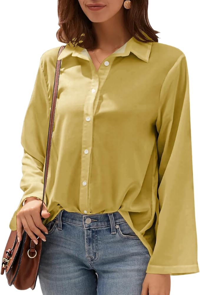 Womens Classic Shirts Casual Button Solid Color Long Sleeve Work Blouse Collared Relaxed Fit Summer Tops