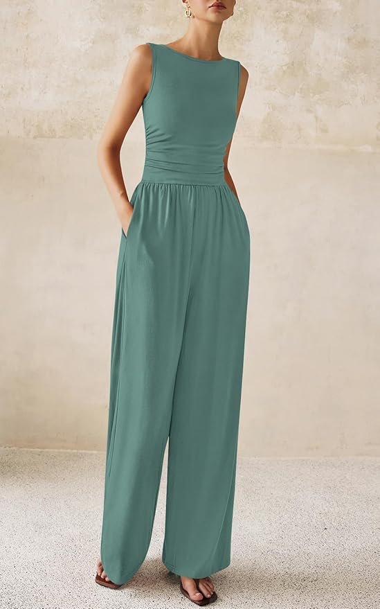 PRETTYGARDEN One Piece Jumpsuits for Women Dressy Casual Sleeveless Crewneck Wide Leg Rompers Jumpers Vacation Summer Outfits