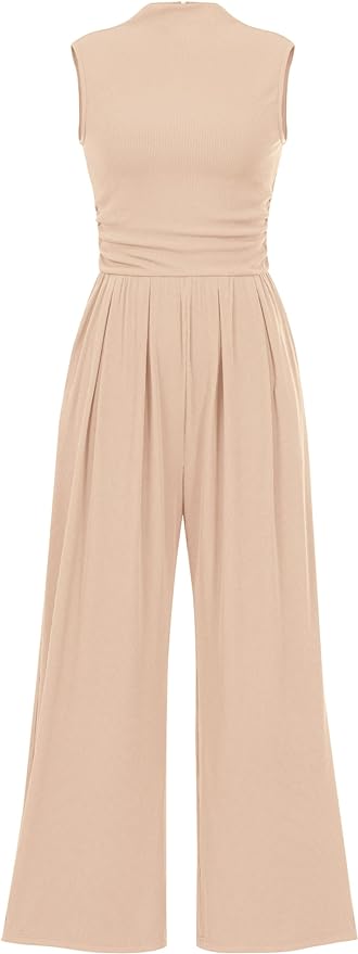PRETTYGARDEN Womens Summer Jumpsuits Dressy Casual One Piece Outfits Sleeveless Mock Neck Wide Leg Pants Rompers with Pockets