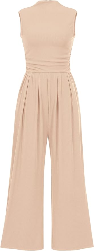 PRETTYGARDEN Womens Summer Jumpsuits Dressy Casual One Piece Outfits Sleeveless Mock Neck Wide Leg Pants Rompers with Pockets