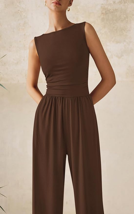 PRETTYGARDEN One Piece Jumpsuits for Women Dressy Casual Sleeveless Crewneck Wide Leg Rompers Jumpers Vacation Summer Outfits