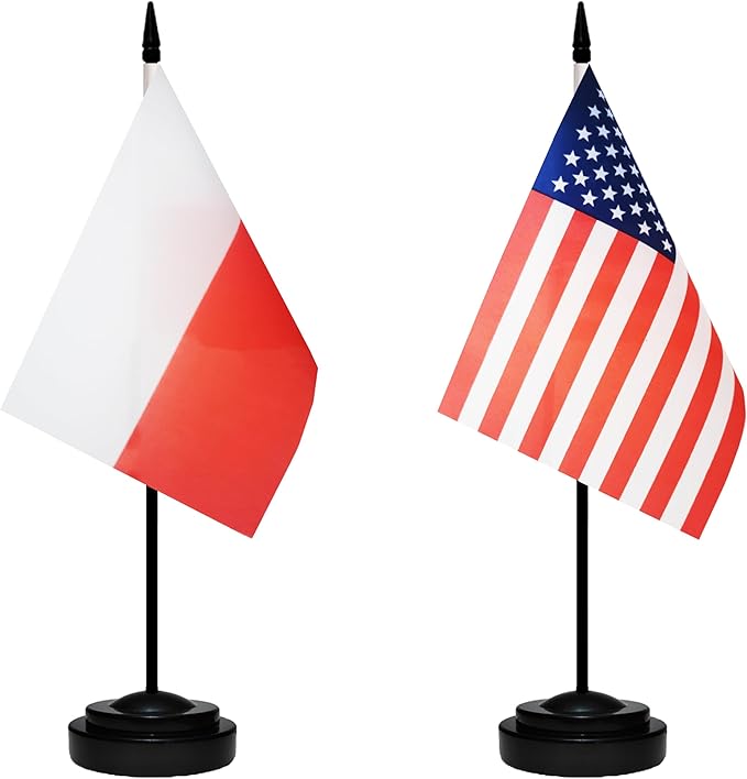 USA American & Poland Polish Desk Flags, US Poland Table Flag, Small Mini American & Polish Twin Table Office Flag, Miniature Polish and US Desktop Flag With 13" Solid Black Pole, Black Base