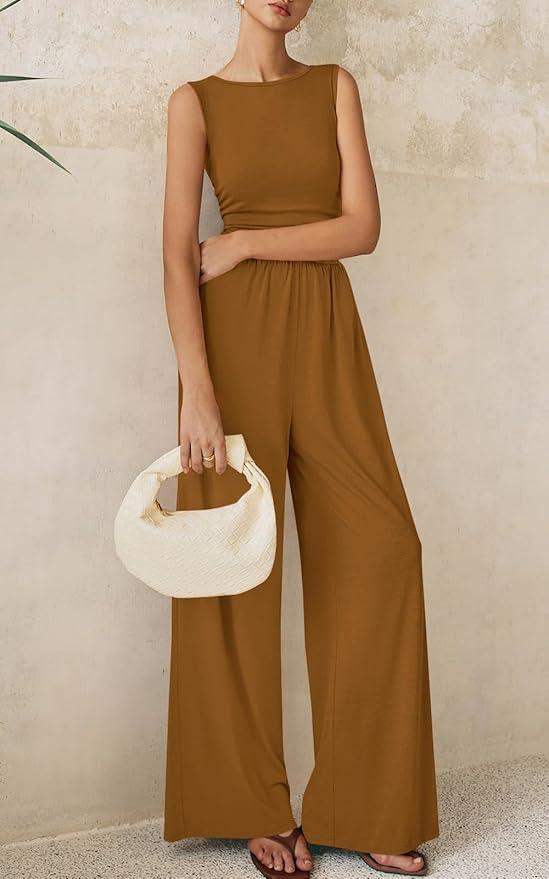 PRETTYGARDEN One Piece Jumpsuits for Women Dressy Casual Sleeveless Crewneck Wide Leg Rompers Jumpers Vacation Summer Outfits
