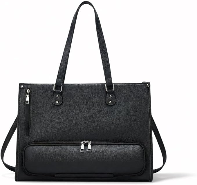 Women's Lunch Tote Bag with Insulated Cooler Compartment, 2-in-1 Large Work Shoulder Bag with Matching Clutch, PU Leather Meal Prep Handbag for Office, Teacher & Nurse - Black