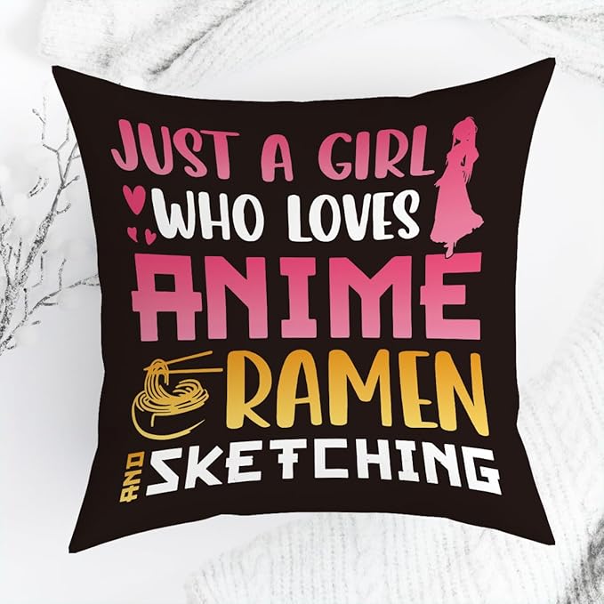 NGLIV Anime Decor, Just a Girl Who Loves Anime Ramen Anime Room Decorative Throw Pillow Covers, Girls Anime Gifts Anime Lovers for Home Living Room Girl Women Bedroom Decoration Gifts Black