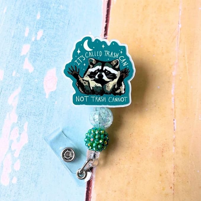 Raccoon Badge Reel Its Called Trash Can Not Trash Cannot Funny Cute Meme Name Clip Holder Possum Animal Green for Nurse Teacher Office Medical Assistant Worker Dark Humor Accessories Supplies Gifts
