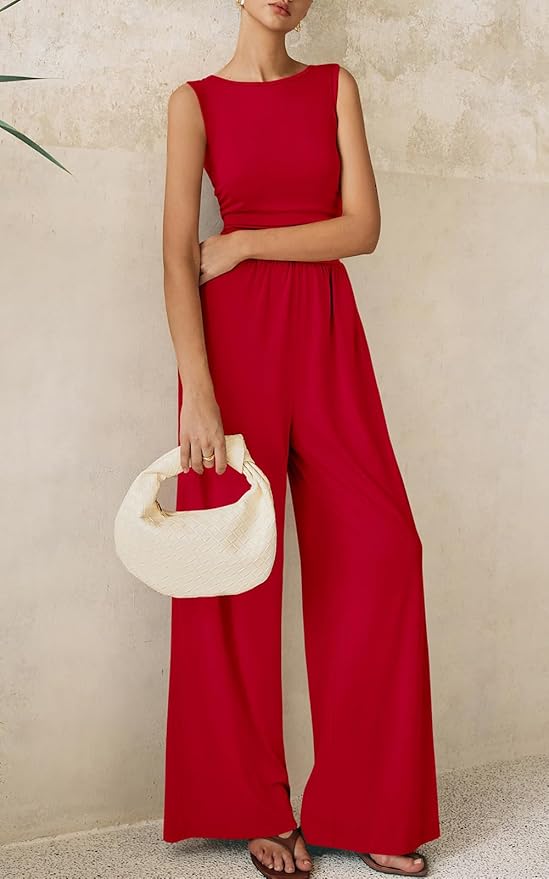 PRETTYGARDEN One Piece Jumpsuits for Women Dressy Casual Sleeveless Crewneck Wide Leg Rompers Jumpers Vacation Summer Outfits