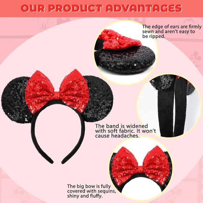 ETLUK Mouse Ears Headband, Mouse Ears Sequin Bow Headbands for Women Girls, Cosplay Accessories Party Decorations (Red Bow)