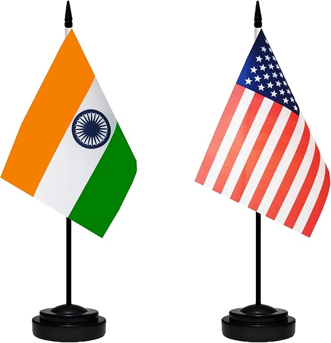 USA American & India Indian Desk Flags, US India Office Table Flag, Small Mini Miniature Indian and US Desktop Flag With 13" Solid Black Pole, Black Base