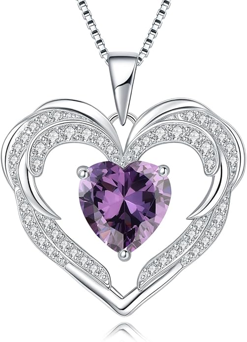 Jurikko Heart Necklaces Valentine's Gift for Women, Birthstone 925 Sterling Silver Angel Wings Love Pendant Necklaces for Women, Jewelry Gifts for Wife, Anniversary, Mother's day