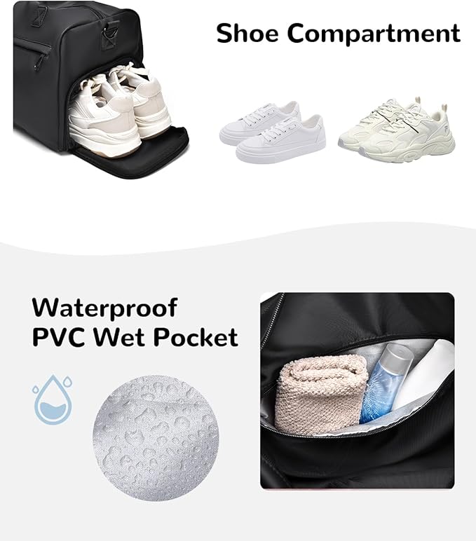 18L Waterproof Gym Duffel Bag with Shoe Compartment & Wet Pocket for Men Women, Small Personal Item Travel Bag, Black