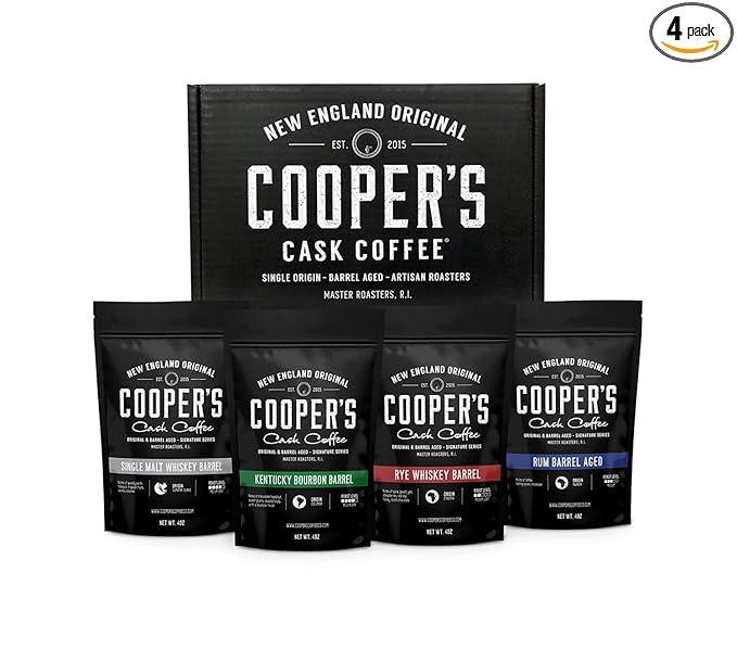 Bourbon & Whiskey Barrel Aged Coffee Box Set - 4-Bag Roasted Coffee Sampler - Bourbon Colombian, Malt Whiskey Sumatra, Rye Whiskey Ethiopian, Rum Barrel Rwanda, (Ground, 4 Ounce (Pack of 4))
