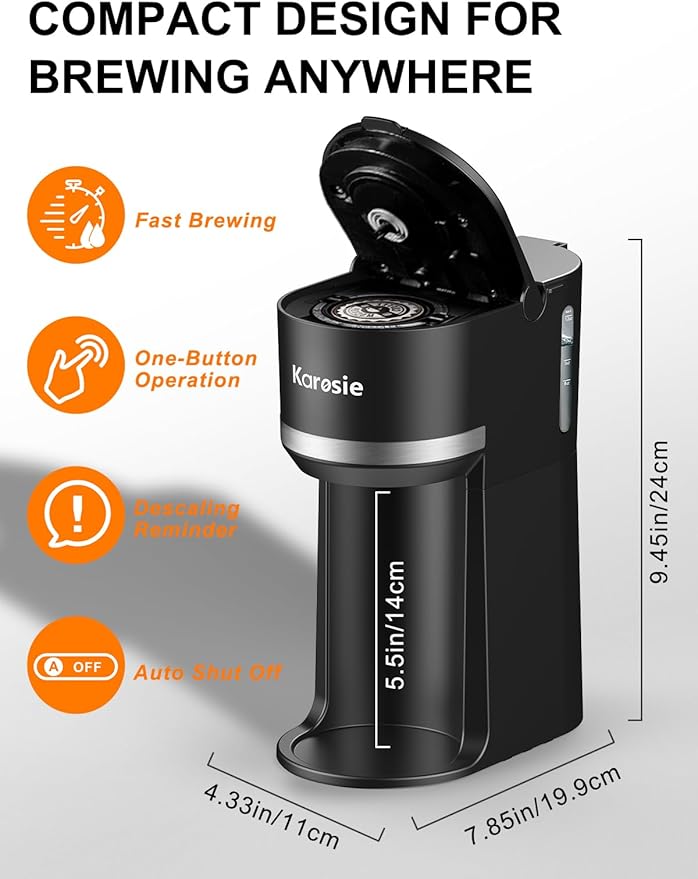 Karosie Single Serve Coffee Maker for K-Cup and Ground Coffee, Fast Brew, 6-12 oz Brew Sizes One Cup Coffee Machine Fits 5.5" Mugs, One-Button Small Coffee Maker with Descaling Reminder,Black