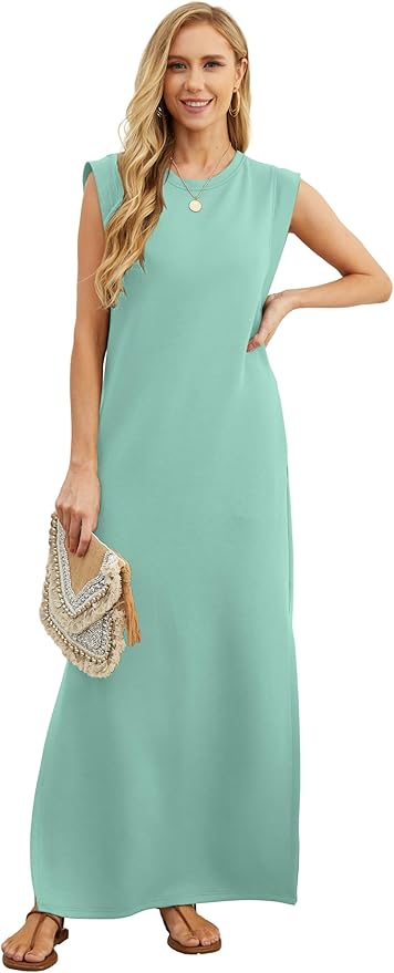 GRECERELLE 2026 Women Year-Round Casual Round Neck Loose Split Wrinkle-Free Long Maxi Vacation Dress with Pockets (XXS-4XL)