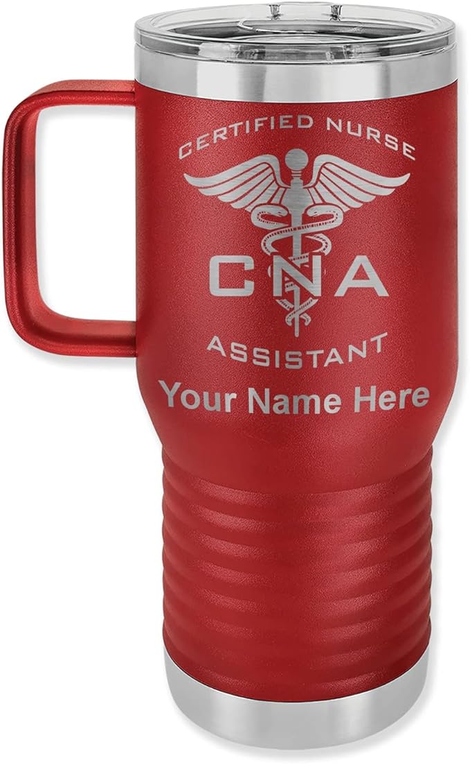 LaserGram 20oz Vacuum Insulated Travel Mug with Handle, CNA Certified Nurse Assistant, Personalized Engraving Included (Maroon)