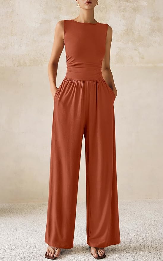 PRETTYGARDEN One Piece Jumpsuits for Women Dressy Casual Sleeveless Crewneck Wide Leg Rompers Jumpers Vacation Summer Outfits