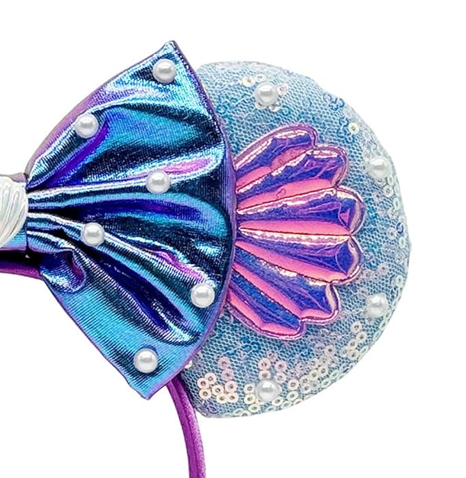 WW-WONDERFULWORLD Mouse Ears Headbands With Shiny Sequins and Exquisite Shell & Pearl Decoration, for Girls Costume Cosplay Glitter Party, Purple+Blue; BK-L