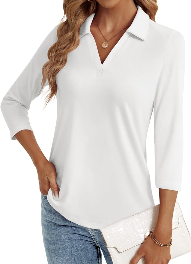3/4 Length Sleeve Womens Tops Dressy Casual V Neck Polo Shirts Business Work Blouses 2025 Trendy Tunic Top