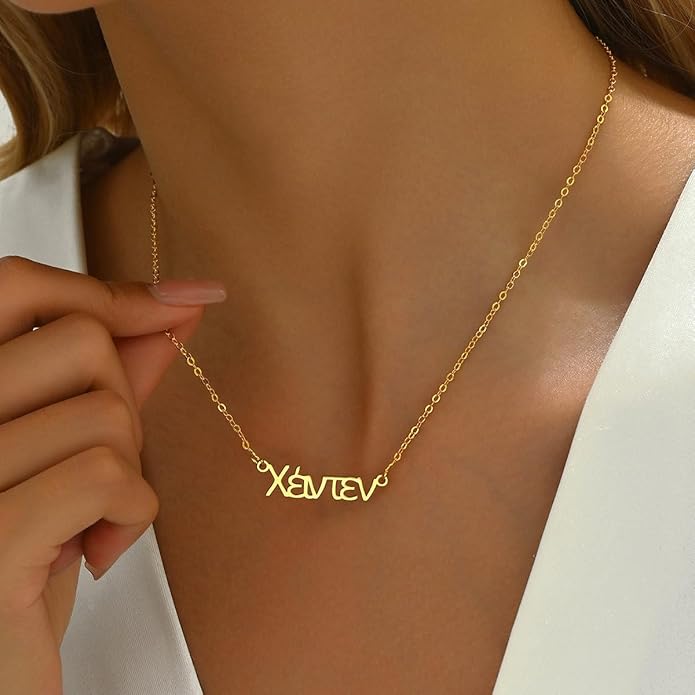 Unisota Personalized Name Necklace in 9 Diferent Languages Custom English Chinese Arabic Greek Hebrew Japanese Korean Russian Hindi Name Pendant Necklace Jewelry Gifts for Women Wife Mom