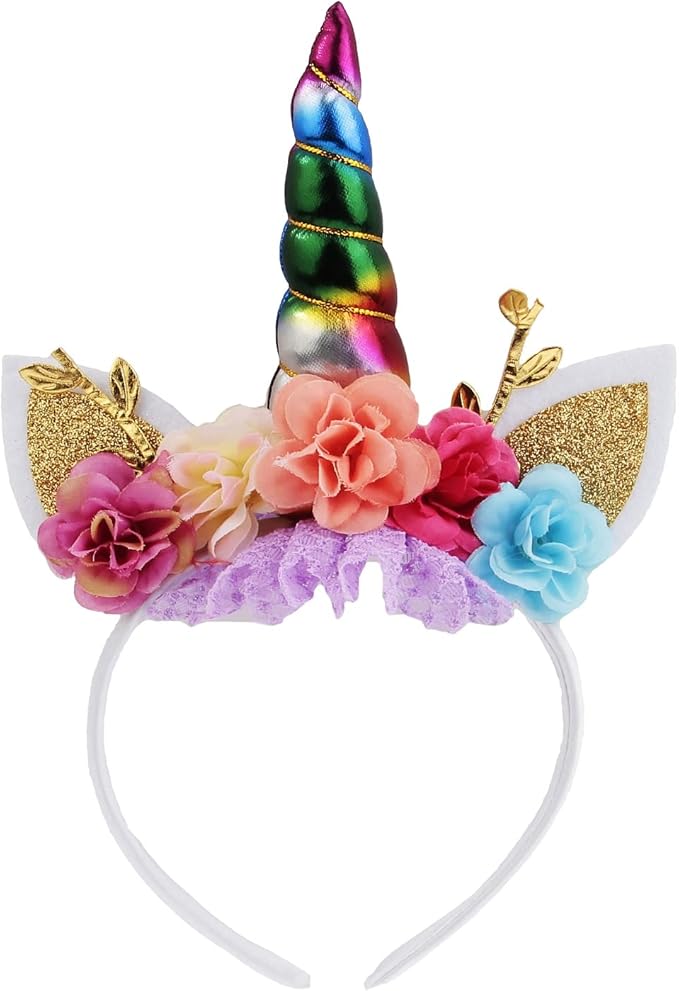 Nishine Unicorn Horn Floral Headband Glitter Ears Pony Head Bands Tiara for Girls Party Birthday Cosplay