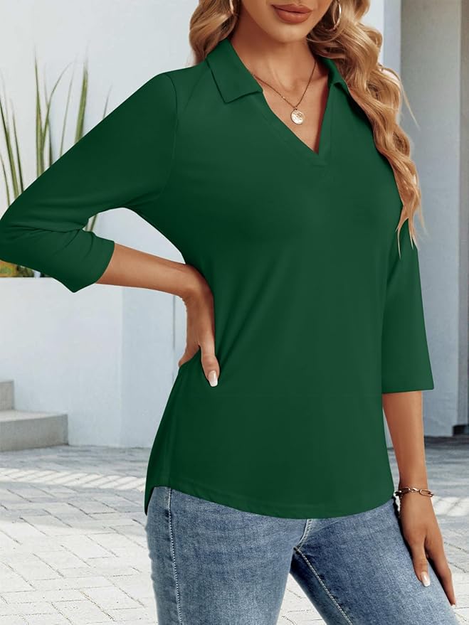 3/4 Length Sleeve Womens Tops Dressy Casual V Neck Polo Shirts Business Work Blouses 2025 Trendy Tunic Top