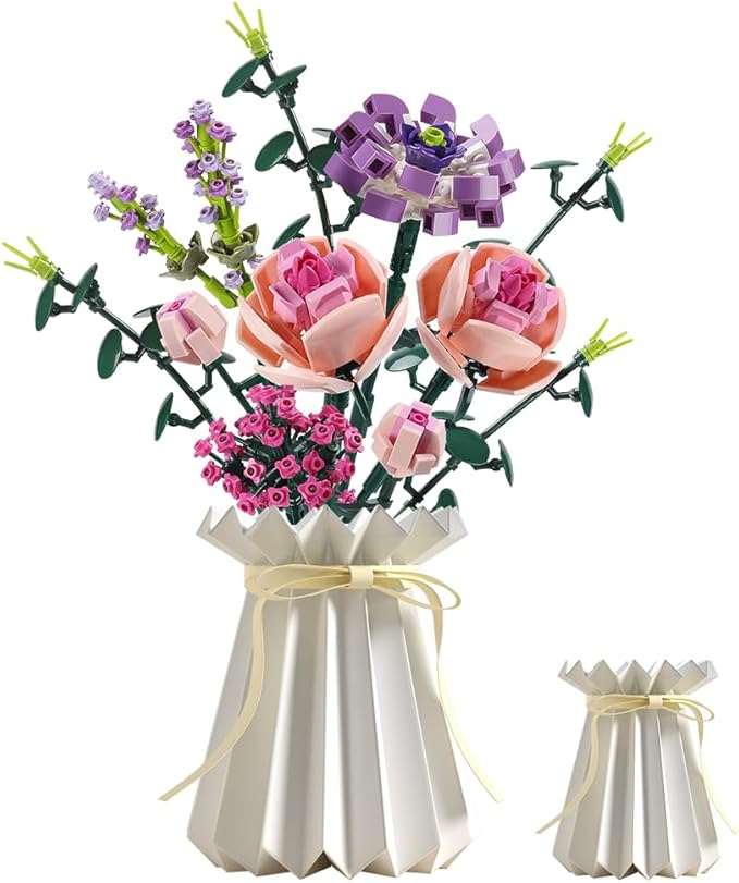 Chodia Flower Bouquet Building Blocks Artificial Pink Rose with Paper Vase Botanical Collection Bricks Sets Kits Christmas X'Mas Valentine Gifts Birthday Creative Gifts for Adults Girlfriends(413PCS)