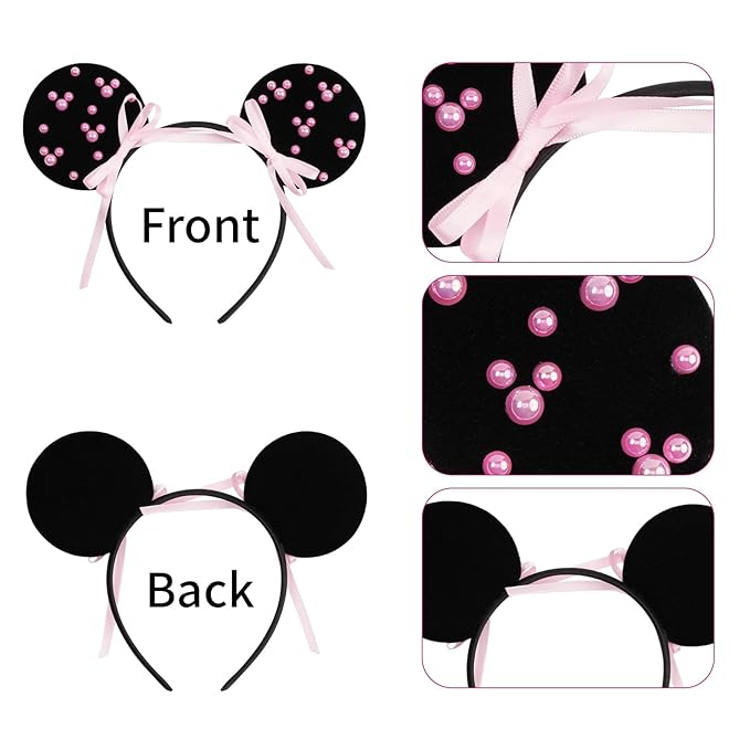 bianbaistar Black Velvet Mouse Ears Headband, Pink Pearl Accents for Theme Park Visit & Parties