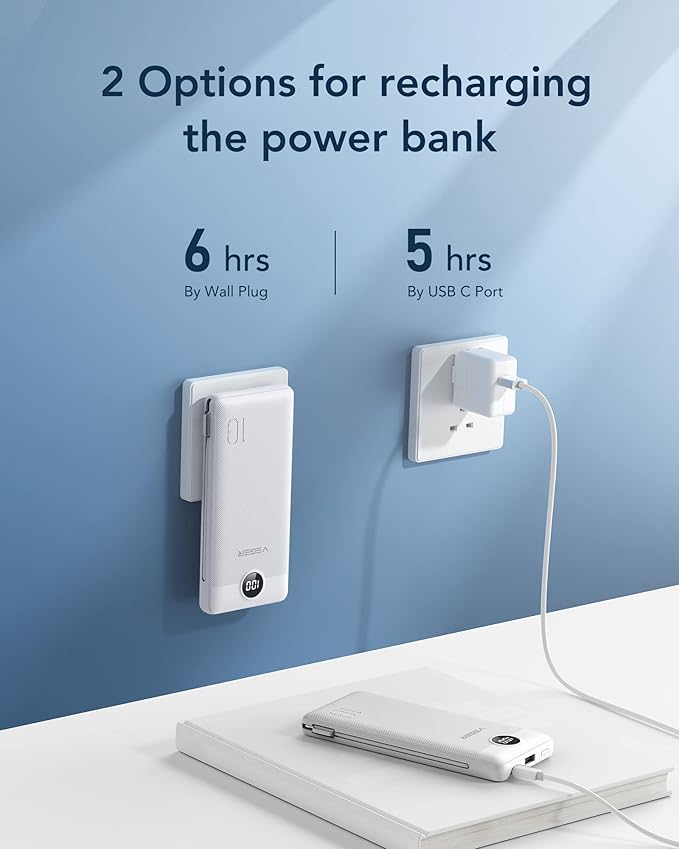VEGER Portable Charger for iPhone Built in Cables and Wall Plug, 10000mah Slim Fast Charging USB C Power Bank, Travel Essential Battery Pack Compatible with iPhones, iPad, Samsung More Devices(White)